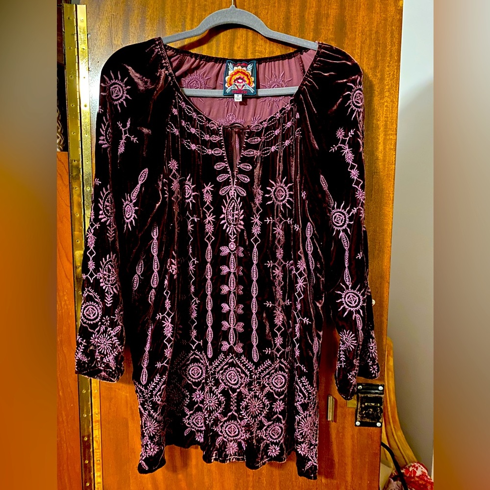 Johnny Was Althea Velvet Embroidered Peasant Blouse Size M Tunick Blouse
